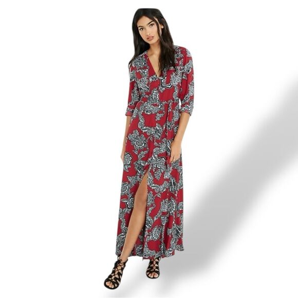 Express Red and Black Floral Maxi Dress Sz S - Picture 1 of 9